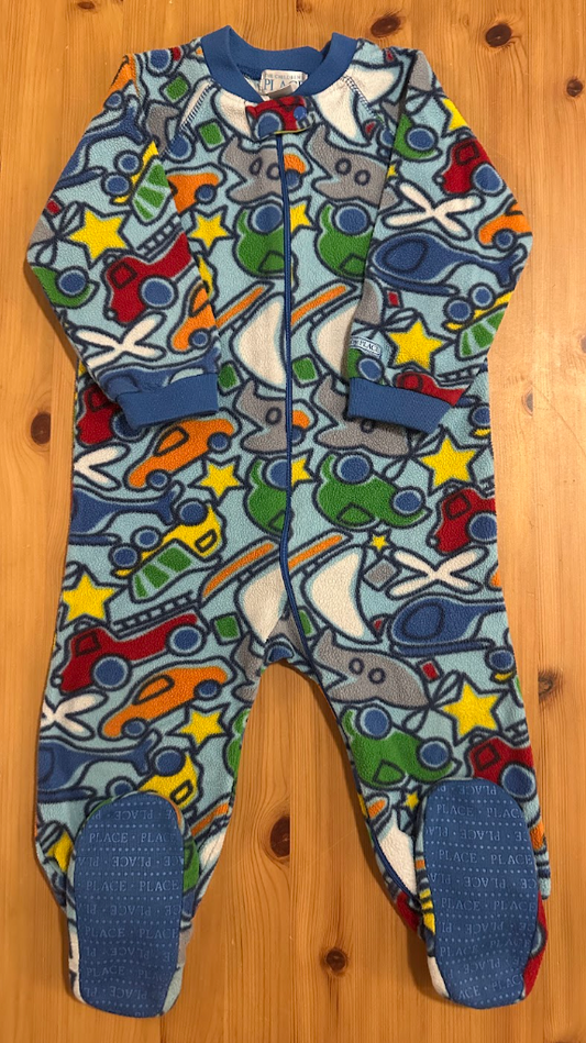 Children's Place Fleece Footed Sleeper - SOFT Light Blue w/ Fire Trucks/Planes/Cars/Dump Trucks/Helicopters 24 Months