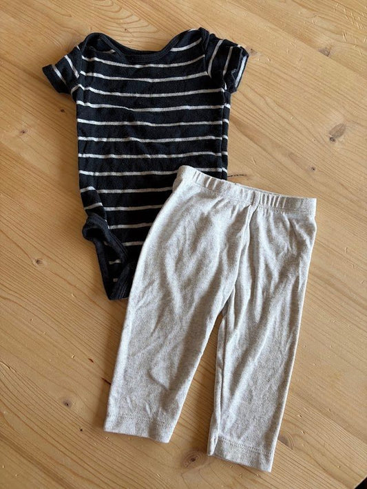 Carters, 6m, Short Sleeve Onesie with Pants Outfit: Black/Gray striped shirt with gray pants 6 Months