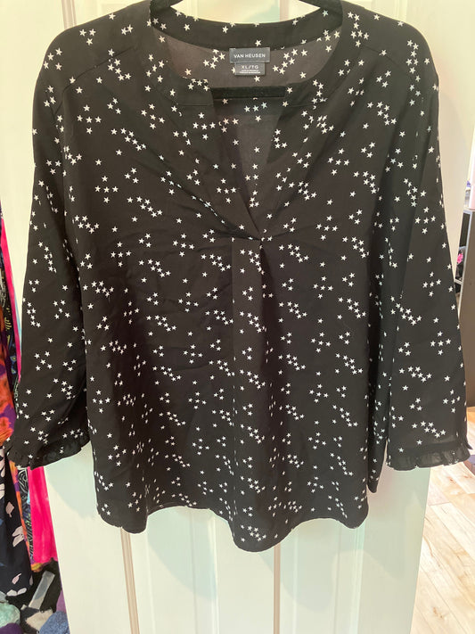 Van Heusen size xl blouse Tshirt V neck long sleev Black with white stars dressy shirt work shirt Women's - XL