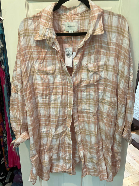 American eagle new with tags button up long sleeve Medium but fits like an XL or 2xl button up plaid rolled sleeves Women's - M