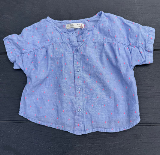 ZARA shirt blue pink polka dots Button front short sleeve 4 girls 4T/4
