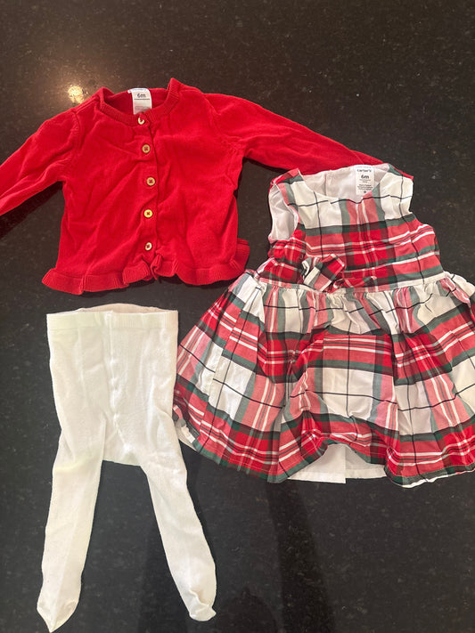 Carters Matching Holiday dress set w red sweater, white tights & dress 6 Months