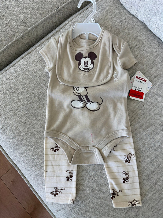 Disney Baby 6-9 Month Onesie and Pant Set With matching bib, Mickey Mouse, NWT 6 Months
