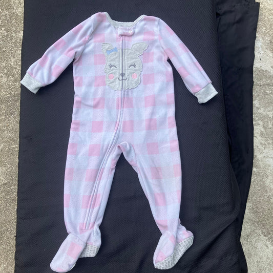 Carter's - 12m Fleece one-piece footie pajamas Pink / white plaid with dog face - zip-up PJs with grips 12 Months