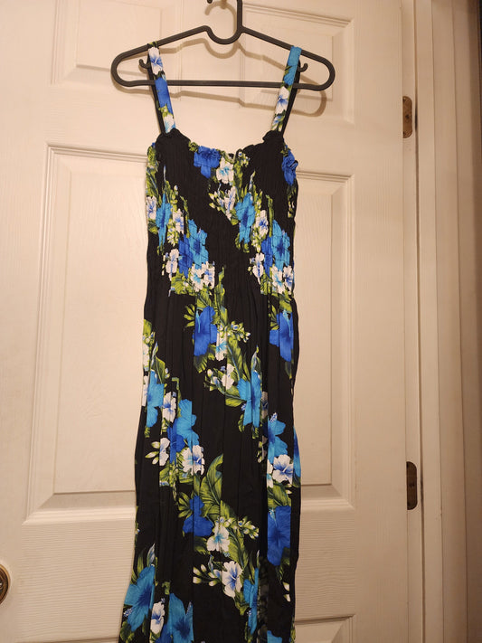 Blue & Black Floral long dress Stretch Top, 55% Cotton & 45% Rayon Women's - L