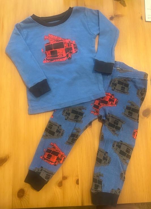 2pc Carters Blue Fire Truck PJ Pajamas Set LS Top, Blue Pants w/ Red/Gray Fire Engine Print - Cotton 12 Months