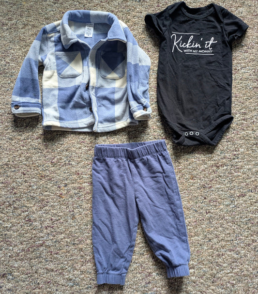 Carter's & Littles Blue plaid fleece jacket, black onesie & matching blue pants 9 Months
