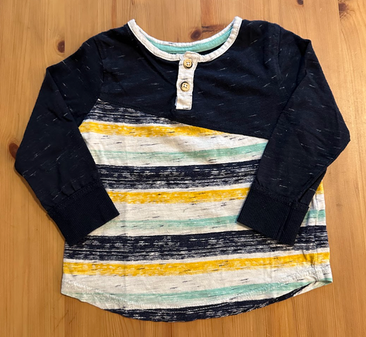 Genuine Kids from OshKosh 2T LS Henley Tee T-Shirt Navy Sleeves, Yellow/Mint/Gray/Navy Stripes 2T