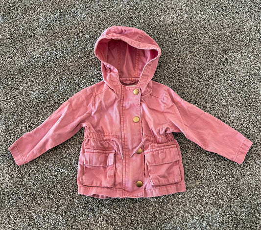 Oshgosh Bgosh utility jacket infant girl 9 months Pink, hooded, pockets, zipper and snaps, lightweight, fall 9 Months