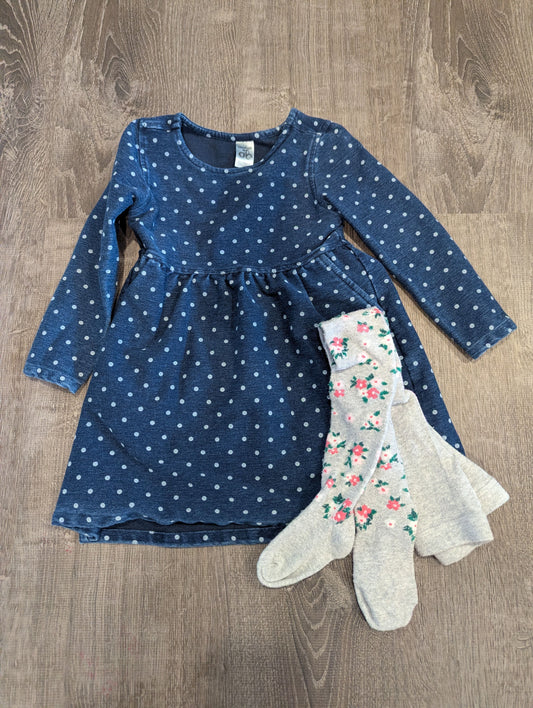 Osh Kosh Dress, Carter's Sweater Tights Blue Polka Dot Dress, Grey Floral Sweater Tights 2T