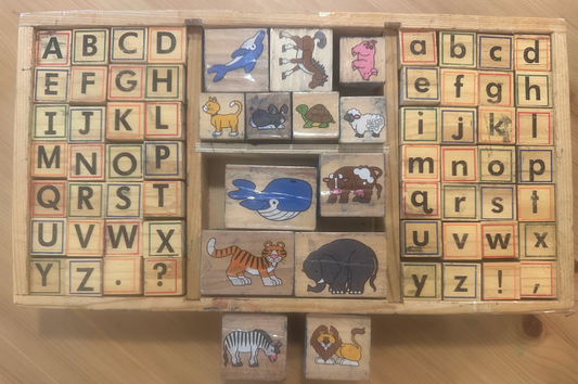 Melissa & Doug Letter/Animal Stamp Set & Wood Case Alphabet Uppercase/Lowercase Stampers w/ Holder - 69 Stamps!