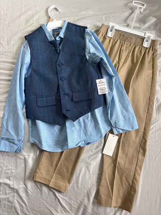 Nautica, Size 7, 4 piece Outfit Tan pants, vest , light blue shirt with tie, NWT 7