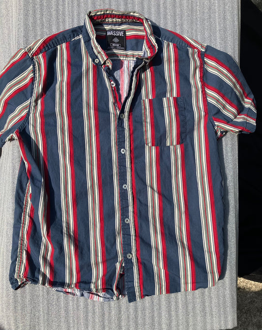 Massive - medium - button-down shirt Short sleeve - navy blue, red, tan, cream stripes Men's - M