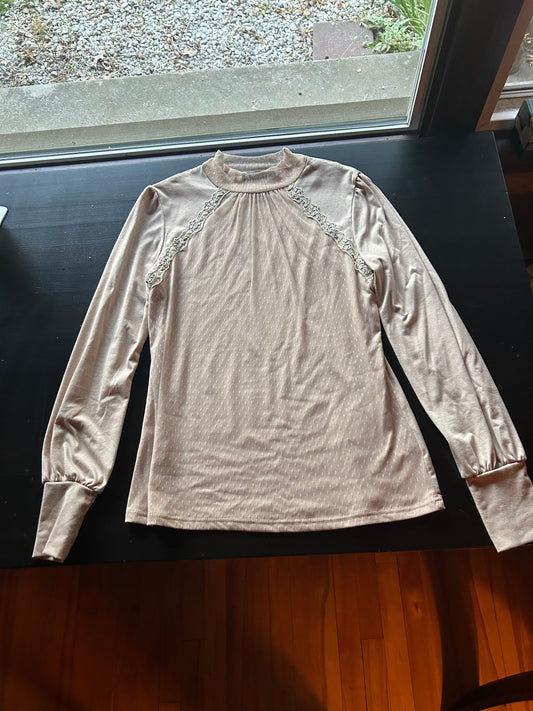 Allegra K Women's Beige Blouse Sheer Turtle Neck Collar, White Lace Detail, Long Sleeves Women's - M