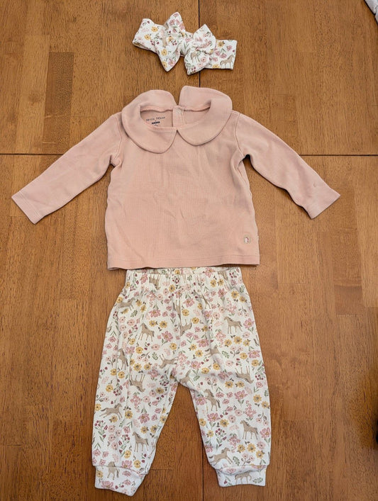 Chickpea bottoms/bow, Petite Maison top, 3-6m pink collared long sleeve, horse/floral pants and headband 3 Months