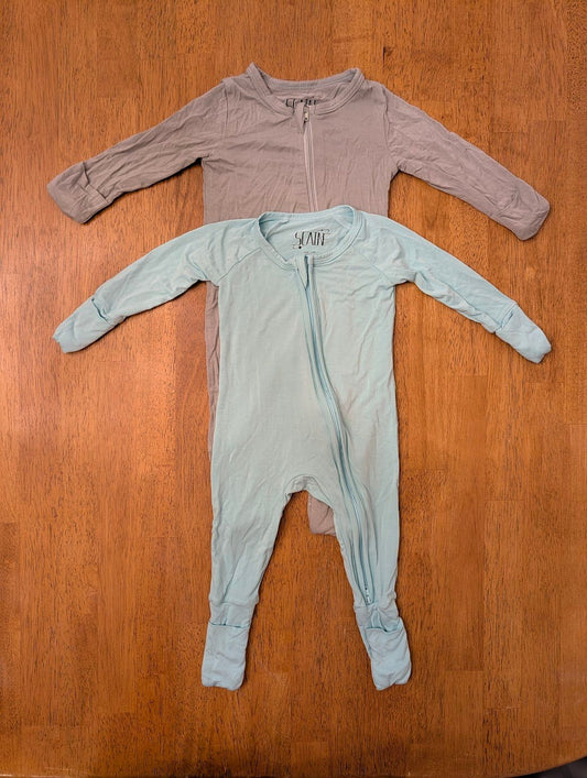 SCAINF, 0-3m, 2 bamboo footed pajamas Gray, teal, fold over hands and feet, double zipper Newborn
