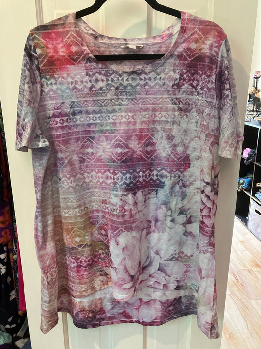 Concepts size 2xl 20 pink tshirt tunic camisole Rhinestones floral bohemian pattern short sleeves Women's - XXL