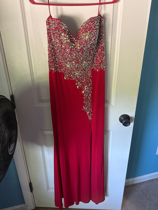 Crystal Doll Red prom dress with jewels. Slit in lower leg Women's 10