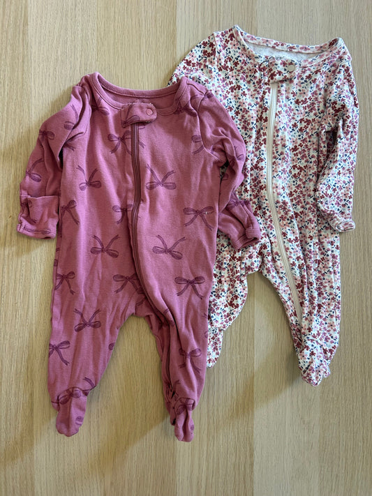 Carters Just One You 3m sleepers set, 2-way zipper One is pink with bows, other one is pink with flowers 3 Months