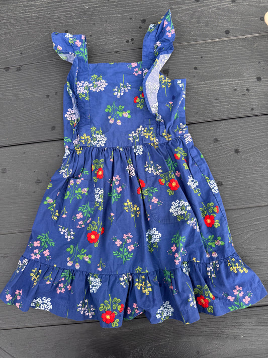 Hanna Andersson summer dress ruffle straps Smocked blue with flowers girls 6/7 6