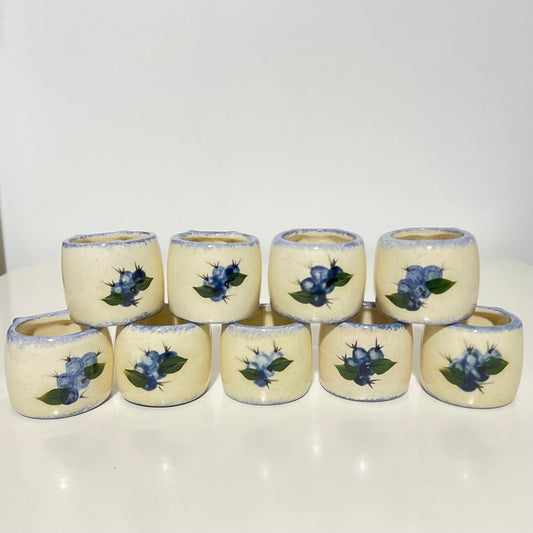 9 Debbie's Blueberry Ware Napkin Rings Ceramic Pottery Blue Sponge Maine Kitchen