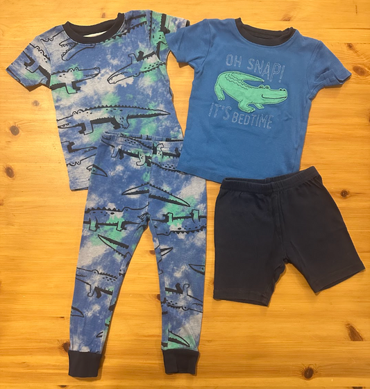 4pc Carters PJs Pajamas OH SNAP Alligator Set Tie Dye SS Top and Pants, Blue SS Top w/ Navy Shorts 2T