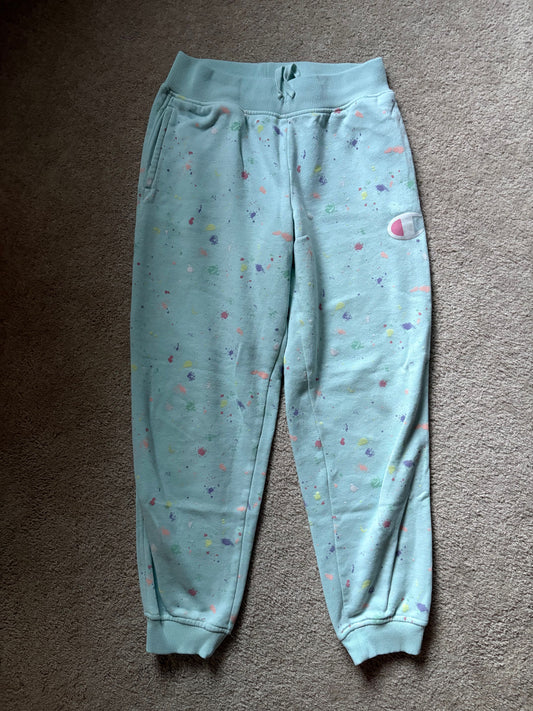 Champion, L, Girls paint splatters joggers pants sweatpants, bottoms, light blue with paint splatters 14