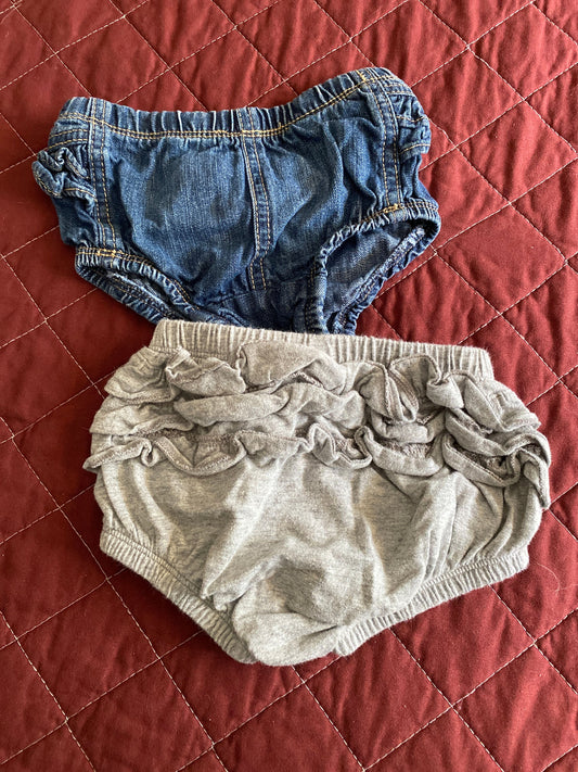 Old Navy 6m-12m bloomers. Denim and gray cotton both have ruffles on rear bum two piece 6 Months
