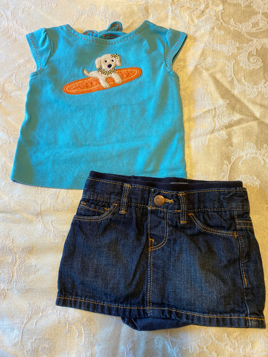 Gymboree 6m-12m shirt with surfing dog, key hole Neckline in back with single button & baby gap denim skort skirt 6 Months