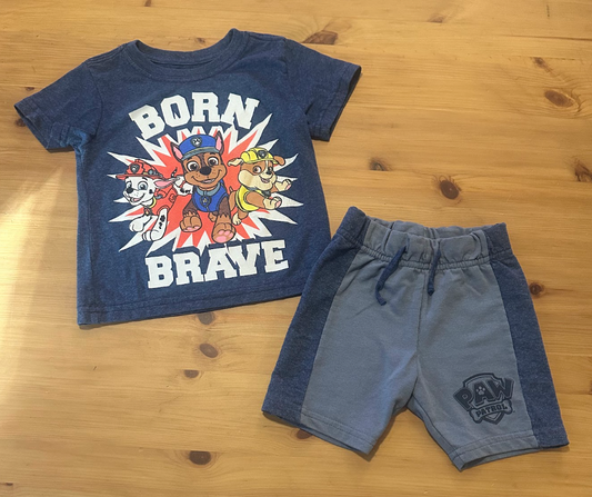 2pc Paw Patrol Nickelodeon BORN BRAVE Outfit Set SS Tee T-Shirt w/ Chase/Marshall/Rubble, Shorts w/ Logo 2T