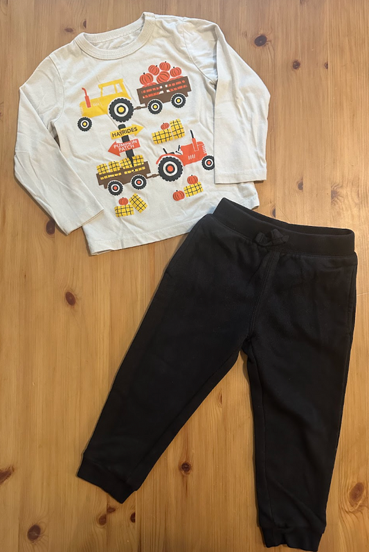 2pc Fall Autumn Cat & Jack/Garanimals Outfit Hayride Pumpkin Patch LS T-Shirt Tee, Black Sweats Sweatpants 2T