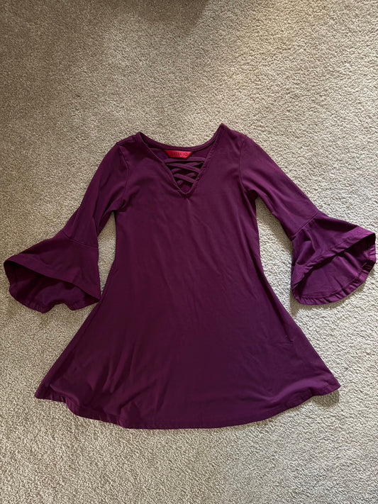 1st Kiss, 3T, Girls purple mini V-neckline dress lace-up detail and flared bell sleeves 3T