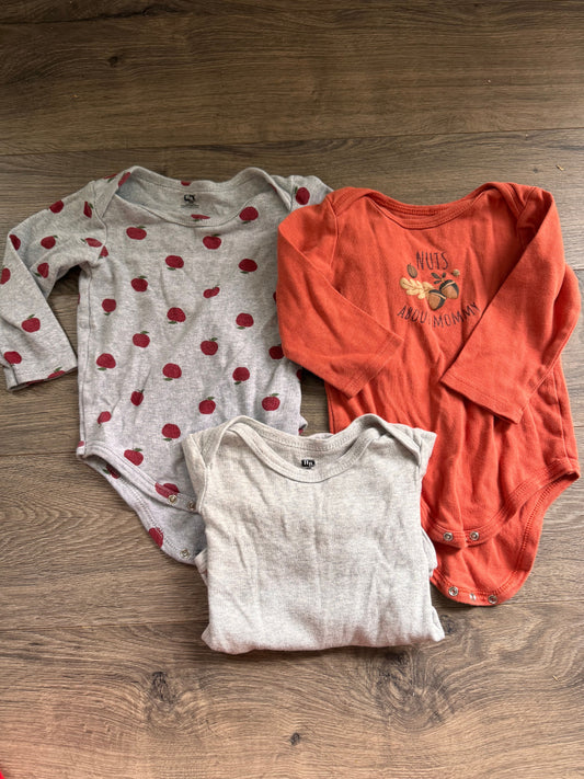 HB 3PK Long Sleeve 1sies - Fall Theme - Apples, Nuts & Solid Gray 18 Months
