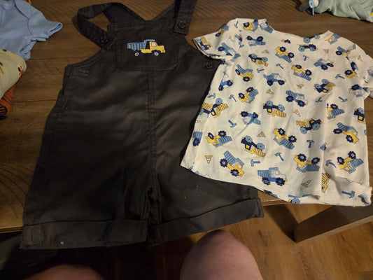 Kidgets 3t  2 piece shirt and overalls shorts dumptrucks 3T