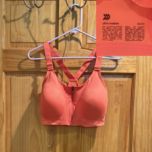 All in Motion 36DD NOT underwire orange bra that zips in the front NWOT Bra