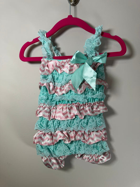 Petti Romper Light Turquoise Lace & Pink/White Satin Chevron Romper 6 Months