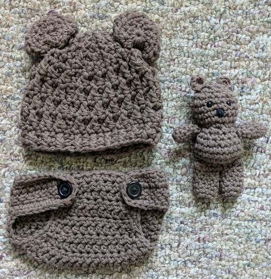 Etsy, handmade, newborn photoshoot Brown bear outfit w hat and crochet teddy bear Newborn