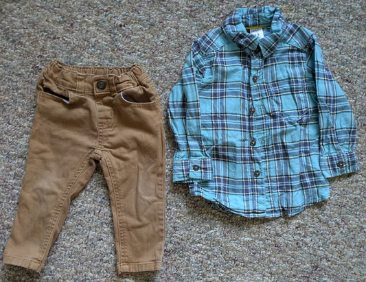 Carter's & Garanimals Blue & yellow long sleeves button down plaid shirt w Khaki pants 12 Months