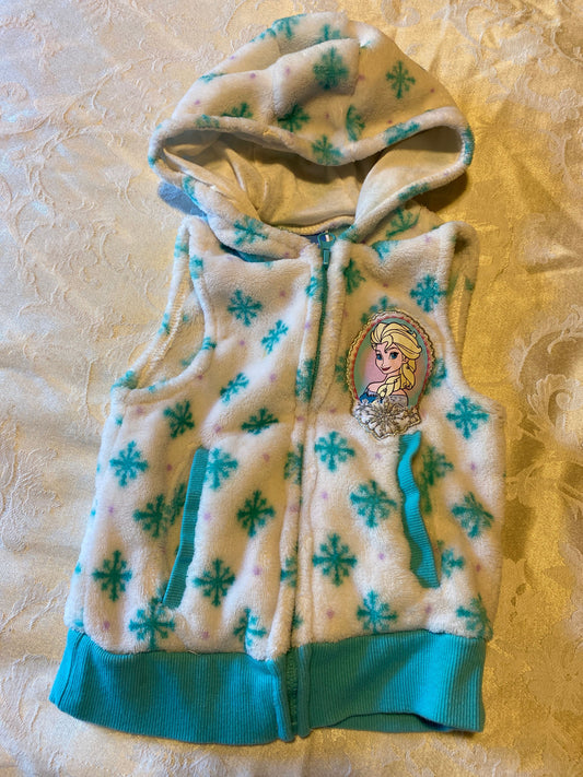 Disney, 2t, Elsa hooded sweater vest white with teal snowflakes, zipper, soft fleece 2T