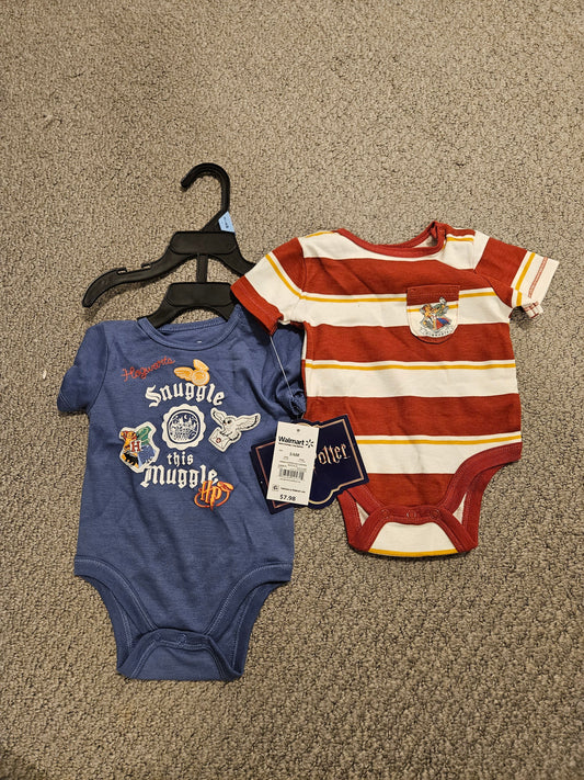 2 pack Harry Potter onesies - new Snuggle this muggle, griffyndor colors Hogwarts crest 3 Months