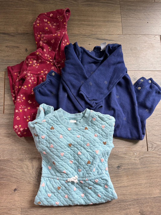 Carters 3PK Lng Slv Jumpsuits - Rd Flowers, Drk Blue Butterfly, Bl Hearts 18 Months