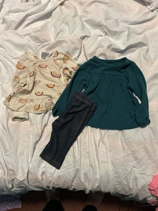 Cat jack, gerber, children place Rainbow sweatshirt, green cozy shirt, jean legging 12 Months