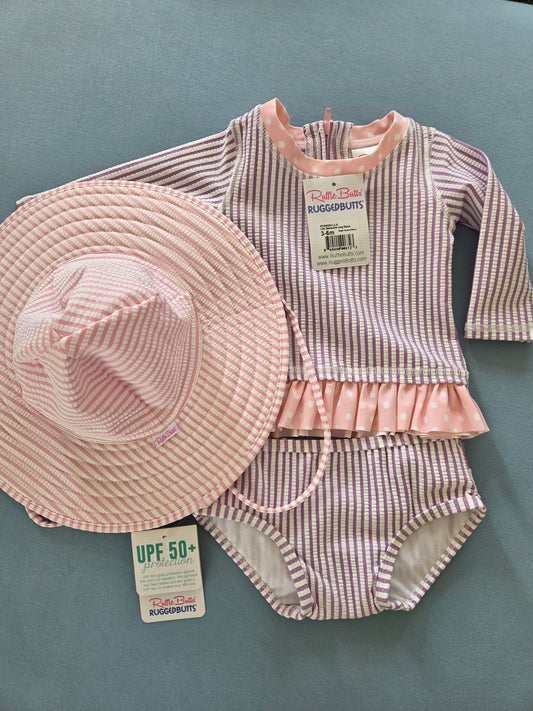 Ruffle Butts 3/6m NWT! Retail $50! Matching 2 piece swimsuit & sunhat. Hat is 0-12m 3 Months
